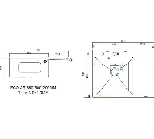 Кухонная мойка ARFEKA ECO AR 650*500 L BLACK PVD NANO
