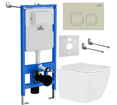 Унитаз подвесной Roxen Cube в комплекте с инсталляцией StounFix Dual Fresh 6 в 1 966482 кнопка: бежевый