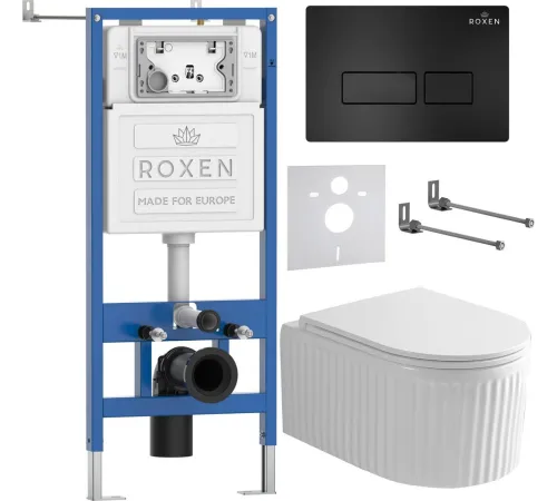 Унитаз подвесной Roxen Royal Matt в комплекте с инсталляцией StounFix Dual Fresh 6 в 1 968211 кнопка: черный