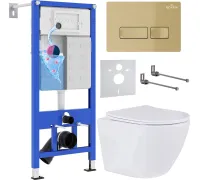Унитаз подвесной Roxen Antares в комплекте с инсталляцией StounFix Dual Fresh 6 в 1 968049 кнопка: брашированное золото