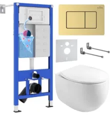 Унитаз подвесной Roxen Egg в комплекте с инсталляцией StounFix Dual Fresh 6 в 1 968475 кнопка: брашированное золото