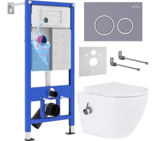 Унитаз подвесной Roxen Antares Bidet в комплекте с инсталляцией StounFix Dual Fresh 6 в 1 966135 кнопка: серый бетон