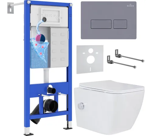 Унитаз подвесной Roxen Cube bidet в комплекте с инсталляцией StounFix Dual Fresh 6 в 1 966807 кнопка: серый гранит