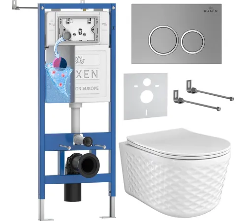 Унитаз подвесной Roxen Vine Tornado в комплекте с инсталляцией StounFix Dual Fresh 6 в 1 979010 кнопка: хром матовый