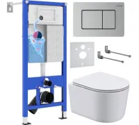 Унитаз подвесной Roxen Simple compact в комплекте с инсталляцией StounFix Dual Fresh 6 в 1 968486 кнопка: сатин