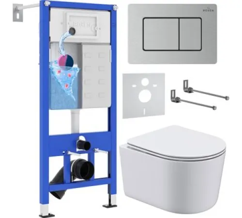 Унитаз подвесной Roxen Simple compact в комплекте с инсталляцией StounFix Dual Fresh 6 в 1 968486 кнопка: сатин