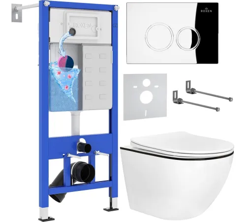 Унитаз подвесной Roxen Antares Black в комплекте с инсталляцией StounFix Dual Fresh 6 в 1 964658 кнопка: хром глянец