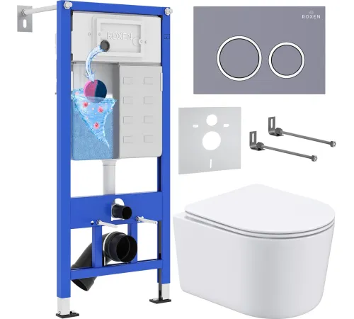 Унитаз подвесной Roxen Simple Compact в комплекте с инсталляцией StounFix Dual Fresh 6 в 1 966133 кнопка: серый бетон