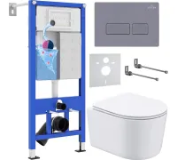 Унитаз подвесной Roxen Simple Compact в комплекте с инсталляцией StounFix Dual Fresh 6 в 1 966808 кнопка: серый гранит