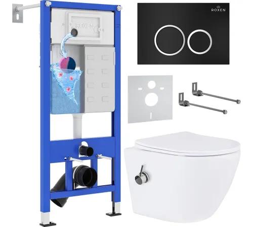 Унитаз подвесной Roxen Antares Bidet в комплекте с инсталляцией StounFix Dual Fresh 6 в 1 906342 кнопка: черный матовый