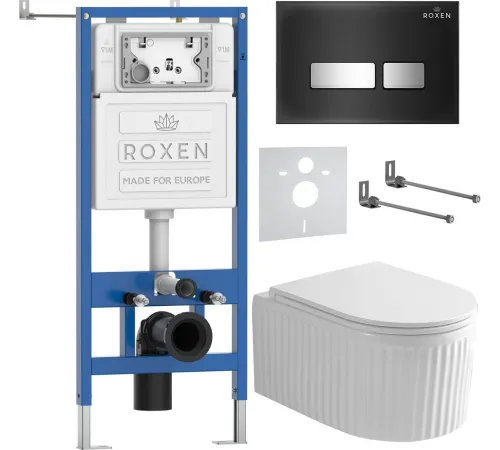 Унитаз подвесной Roxen Royal Matt в комплекте с инсталляцией StounFix Dual Fresh 6 в 1 968297 кнопка: черный/хром
