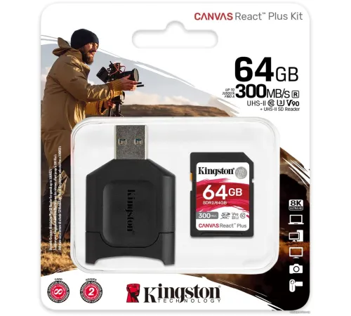 Карта памяти Kingston Canvas React Plus SDXC 64GB MLPR2/64GB с кардридером