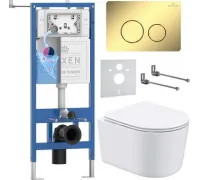 Унитаз подвесной Roxen Simple Compact в комплекте с инсталляцией StounFix Dual Fresh 6 в 1 868468 кнопка: золото глянцевая