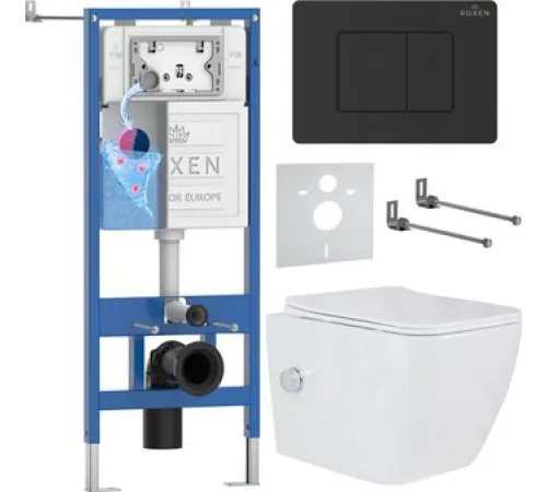 Унитаз подвесной Roxen Cube Tornado Bidet в комплекте с инсталляцией StounFix Dual Fresh 6 в 1 868496 кнопка: черный матовая