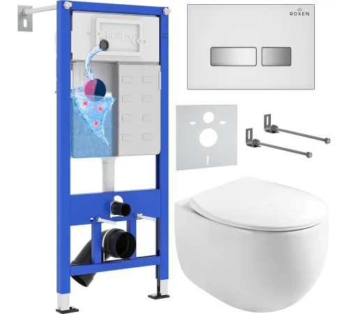 Унитаз подвесной Roxen Egg в комплекте с инсталляцией StounFix Dual Fresh 6 в 1 964245 кнопка: белое стекло