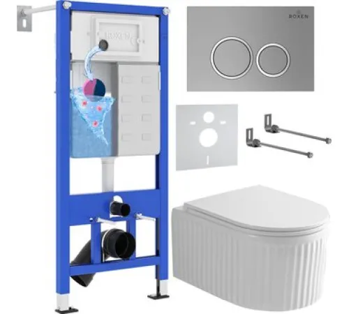 Унитаз подвесной Roxen Royal Matt в комплекте с инсталляцией StounFix Dual Fresh 6 в 1 968246 кнопка: хром - матовый