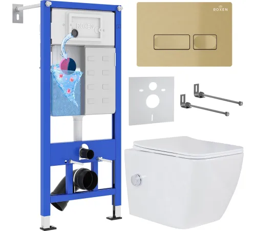 Унитаз подвесной Roxen Cube bidet в комплекте с инсталляцией StounFix Dual Fresh 6 в 1 968095 кнопка: брашированное золото