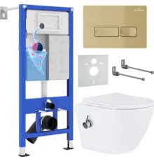 Унитаз подвесной Roxen Antares Bidet в комплекте с инсталляцией StounFix Dual Fresh 6 в 1 968099 кнопка: брашированное золото