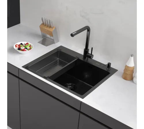 Кухонная мойка ARFEKA Eco AR мойка 600*500, коландер G, дозатор Black Decor Volcanic
