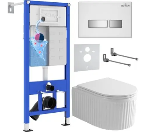 Унитаз подвесной Roxen Royal Matt в комплекте с инсталляцией StounFix Dual Fresh 6 в 1 968291 кнопка: белый/хром
