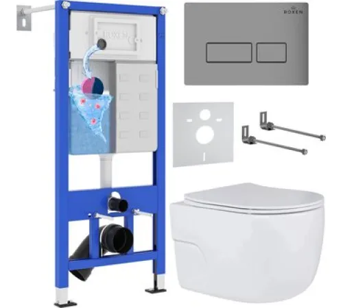 Унитаз подвесной Roxen Porto One Rimless 6 в 1 StounFix Dual Fresh 607036 кнопка: матовая