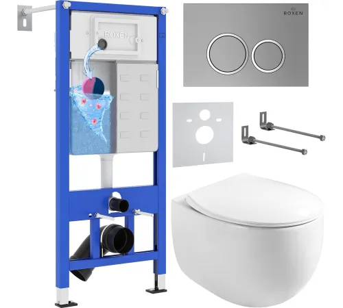 Унитаз подвесной Roxen Egg в комплекте с инсталляцией StounFix Dual Fresh 6 в 1 964076 кнопка: хром матовый