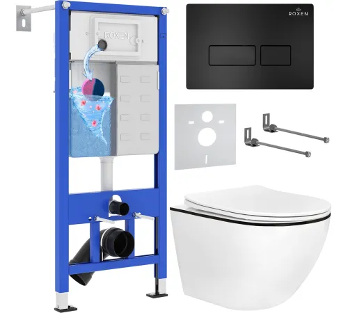 Унитаз подвесной Roxen Antares Black в комплекте с инсталляцией StounFix Dual Fresh 6 в 1 964755 кнопка: черный матовый