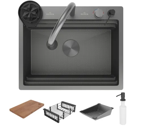 Кухонная мойка Roxen Stage Plus 560250-60-BS многофункциональная 8 в 1 60*48/текстурный графит