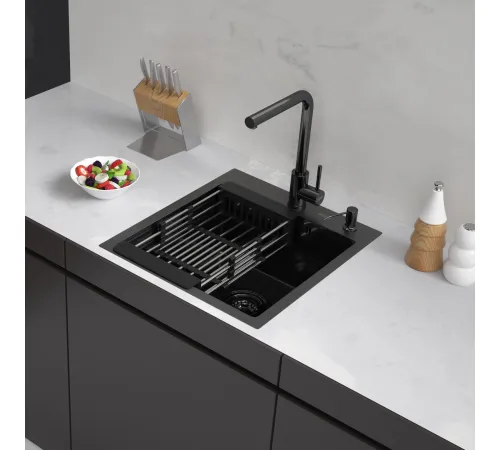 Кухонная мойка ARFEKA Eco AR мойка 450*500, коландер, дозатор BLACK DECOR MILLET GRAINS
