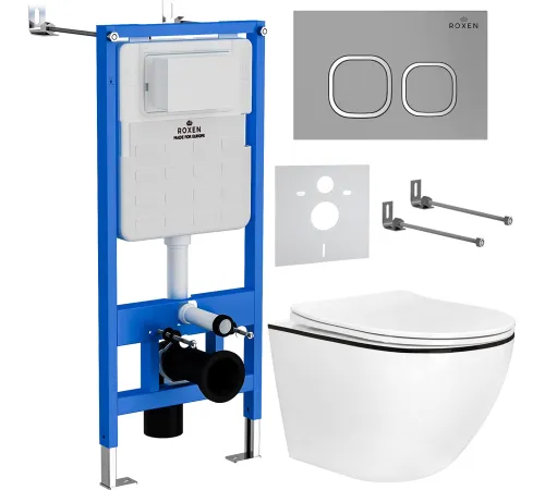 Унитаз подвесной Roxen Antares Black в комплекте с инсталляцией StounFix Dual Fresh 6 в 1 964715 кнопка: хром матовый