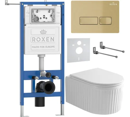 Унитаз подвесной Roxen Royal Matt в комплекте с инсталляцией StounFix Dual Fresh 6 в 1 968227 кнопка: брашированное золото
