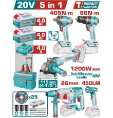 Total TCKLI20595 дрель-шуруповерт, гайковерт, болгарка, перфоратор, фонарь, 2 АКБ, сумка