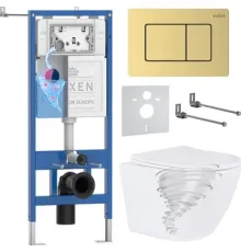 Унитаз подвесной Roxen Antares Tornado Long в комплекте с инсталляцией StounFix Dual Fresh 6 в 1 868445 кнопка: брашированное золото матовая