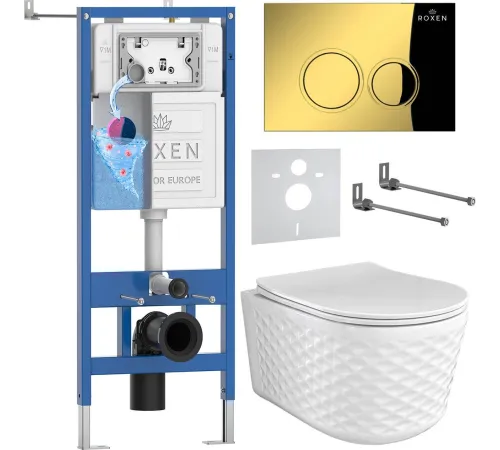 Унитаз подвесной Roxen Vine Tornado в комплекте с инсталляцией StounFix Dual Fresh 6 в 1 979013 кнопка: золото глянцевое