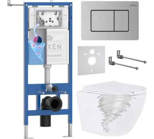 Унитаз подвесной Roxen Antares Tornado Long в комплекте с инсталляцией StounFix Dual Fresh 6 в 1 868442 кнопка: сатин матовая