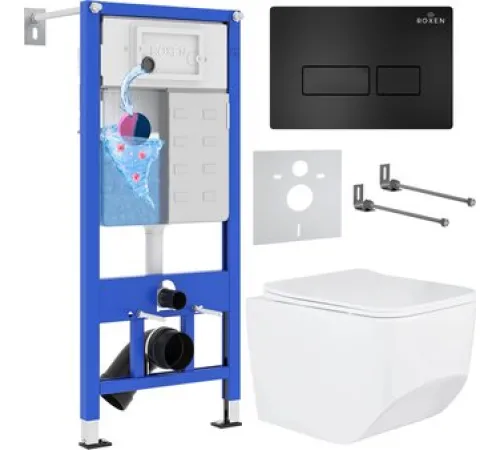 Унитаз подвесной Roxen Boro One Rimless 6 в 1 StounFix Dual Fresh 582388 кнопка: черный матовый