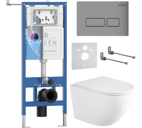Унитаз подвесной Roxen Antares Tornado Long в комплекте с инсталляцией StounFix Dual Fresh 6 в 1 868415 кнопка: хром матовый матовая