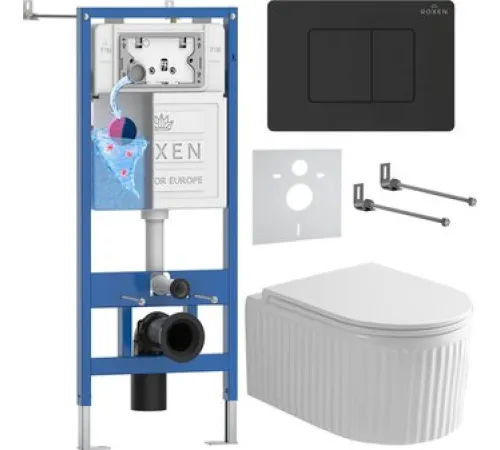 Унитаз подвесной Roxen Royal Matt в комплекте с инсталляцией StounFix Dual Fresh 6 в 1 868520 кнопка: черный