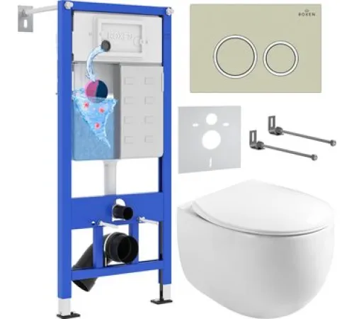 Унитаз подвесной Roxen Egg в комплекте с инсталляцией StounFix Dual Fresh 6 в 1 966284 кнопка: бежевый