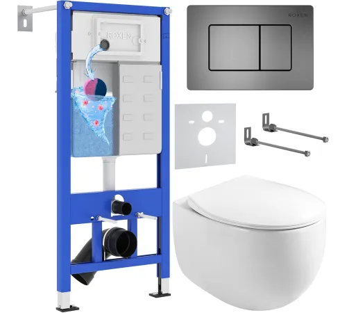 Унитаз подвесной Roxen Egg в комплекте с инсталляцией StounFix Dual Fresh 6 в 1 964215 кнопка: оружейная сталь