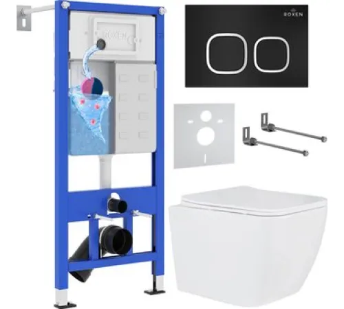 Унитаз подвесной Roxen Cube One Rimless 6 в 1 StounFix Dual Fresh 543879 кнопка: черный матовый