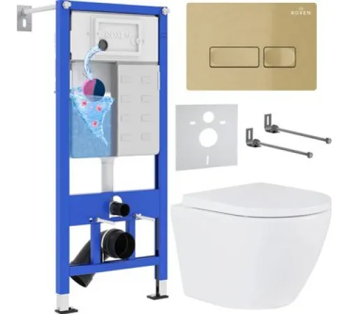 Унитаз подвесной Roxen Antares в комплекте с инсталляцией StounFix Dual Fresh 6 в 1 968050 кнопка: брашированное золото